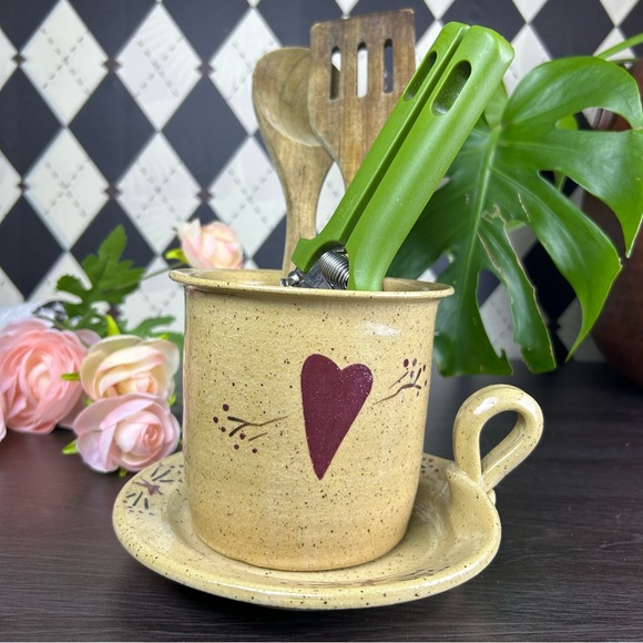 Studio Pottery Crock for Kitchen Utensils 4.5” + Underplate| Farmhouse Primitive - Picture 5 of 12